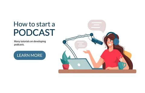 Target webpage for learning podcast recordings. The girl writes a podcast Stock Illustration