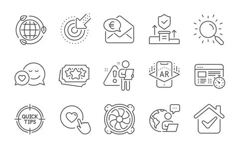 Targeting, Computer fan and Like button icons set. Augmented reality, Web timer Illustrazione stock