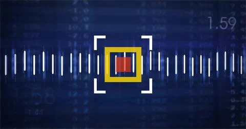 Targeting reticle and data analysis image over financial data on blue background Illustrazione stock