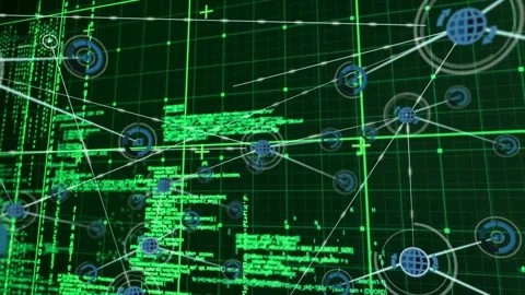 Targeting reticle locking central node, connected nodes appearing and linking Video stock 331756805