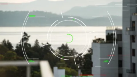 Targeting system animation over cityscape with trees and buildings Video stock 305432116