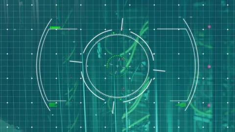 Targeting system animation over green grid background with technical elements Video stock 304307984