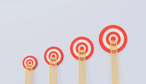 The targets form a graph, ladders leaning on red targets on blue wall 스톡 사진