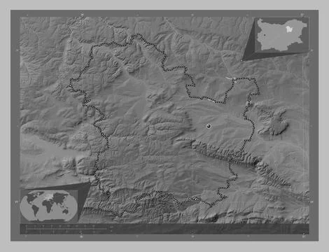 Targovishte, Bulgaria. Grayscale elevation map with lakes and rivers Stock Illustration
