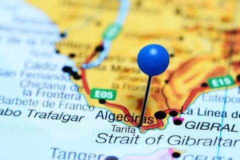 Tarifa pinned on a map of Spain Stock Photos