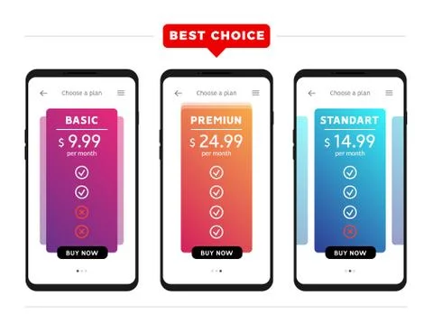 Tariff plan price page table interface. Mobile phone operator design column plan Illustrazione stock