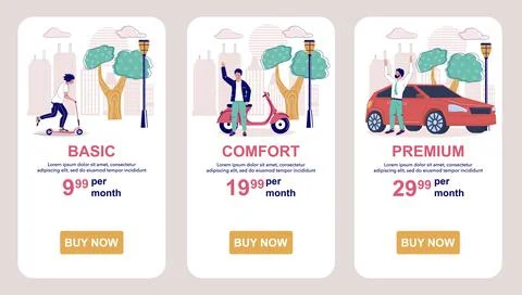 Tariff subscription plans. Price table. Mobile app screens, vector website Stock Illustration