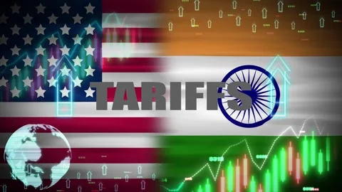Tariffs increase animation with digital elements, India and usa waving flags. Stock Footage 315786730