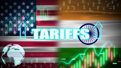 Tariffs increase animation with digital elements, India and usa waving flags. Stock Illustration