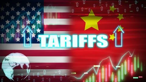 Tariffs increase animation with usa and china national flag and digital ele.. Stock Illustration
