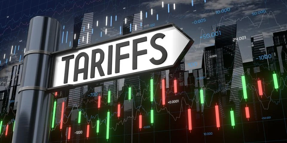 Tariffs - signpost and financial data - 3D illustration Stock Illustration