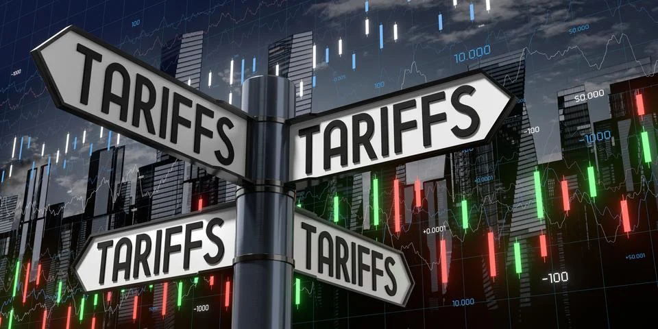 Tariffs - Signpost with Four Arrows - 3D illustration Illustrazione stock
