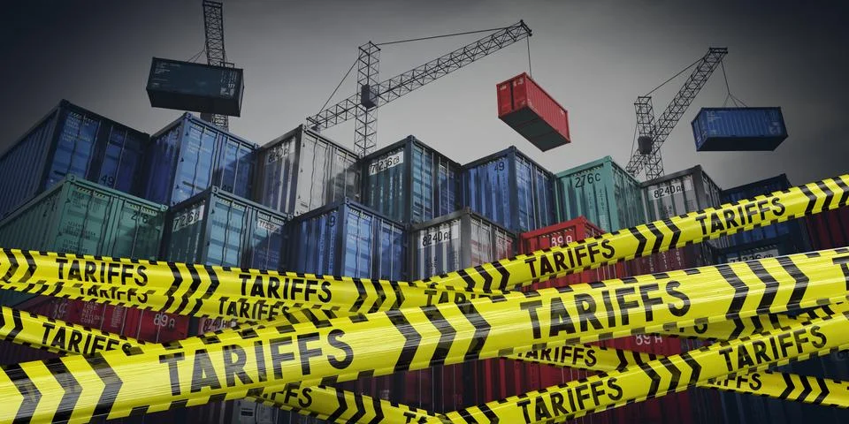 Tariffs tapes and cargo containers - 3D illustration Illustrazione stock