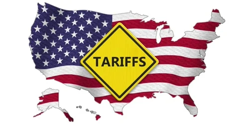 Tariffs warning sign with USA flag stars and stripes map Stock Footage 310683903