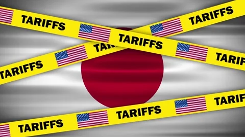 Tariffs word and usa flag yellow caution tape on Japan flag Stock Footage 310852554