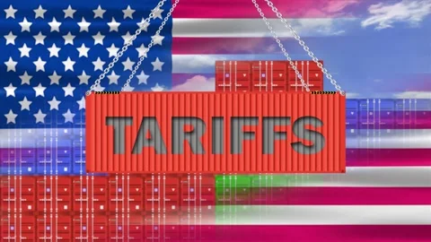 Tariffs word on loading container with waving national flag of usa in half .. Stock Footage 310852668