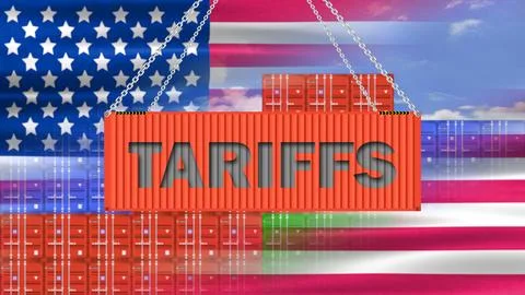 Tariffs word on loading container with waving national flag of usa in half .. Stock Illustration