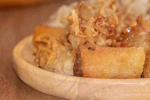 Taro Deep fried spring roll on wooden plate Stock Photos