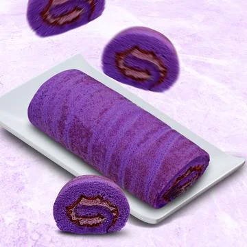 Taro flavored rolled sponge cake on a white plate Stock Photos