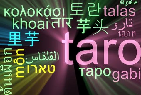 Taro multilanguage wordcloud background concept glowing Stock Illustration