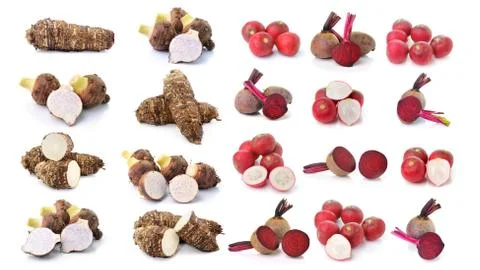 Taro root and Beetroot and radishes on white background Stock-Fotos