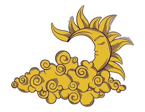 Tarot boho crescent moon behind cloud. Tarot moon with face and closed eyes Stock Illustration
