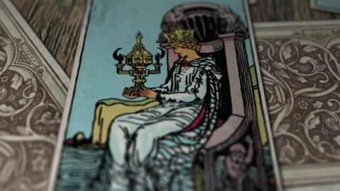 The tarot card in focus is the Queen Of Cups with a person wearing a robe, crown Stock Footage 303581089