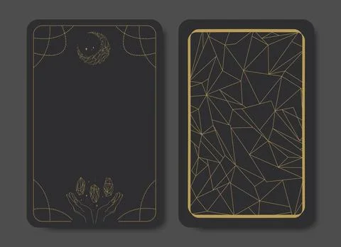 Tarot card frame with a moon crescent and magical crystals. Front and back Stock Illustration