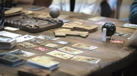 Tarot card reader arranges cards in a card spread. Fortune-telling concept Stock Photos