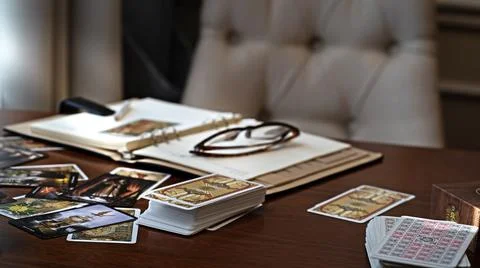 Tarot card reader arranges cards in a card spread. Fortune-telling concept Fotos de archivo