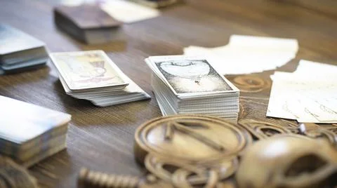 Tarot card reader arranges cards in a card spread. Fortune-telling concept Stock Photos