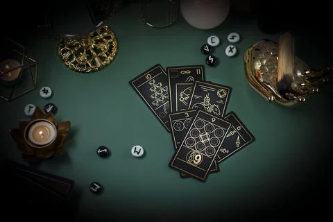 Tarot card reader arranges cards in a card spread. Fortune-telling concept Stock Photos