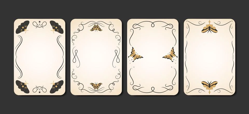 Tarot card templates with calligraphic frames and golden butterflies 스톡 일러스트
