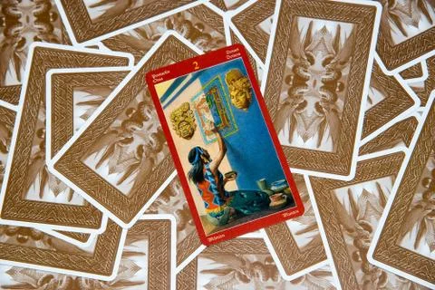Tarot card Two of Pentacles. Dragon tarot deck. Esoteric background. Stock Photos