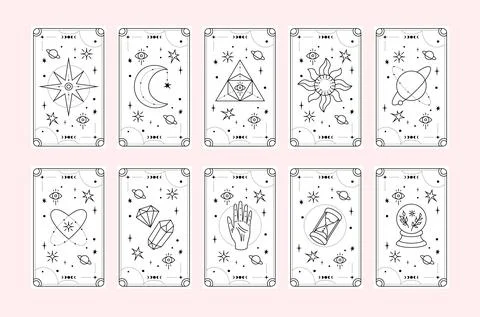 Tarot cards deck set. Esoteric elements collection on white. Magic icons Stock Illustration