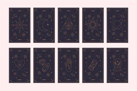 Tarot cards deck set. Esoteric elements collection on white. Magic icons Stock Illustration