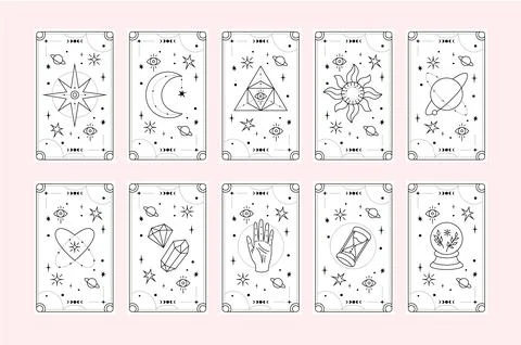 Tarot cards deck set. Esoteric elements collection on white. Magic icons Stock Illustration