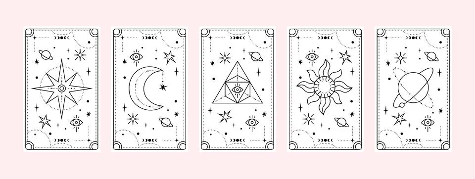 Tarot cards deck set. Esoteric elements collection on white. Magic icons Stock Illustration