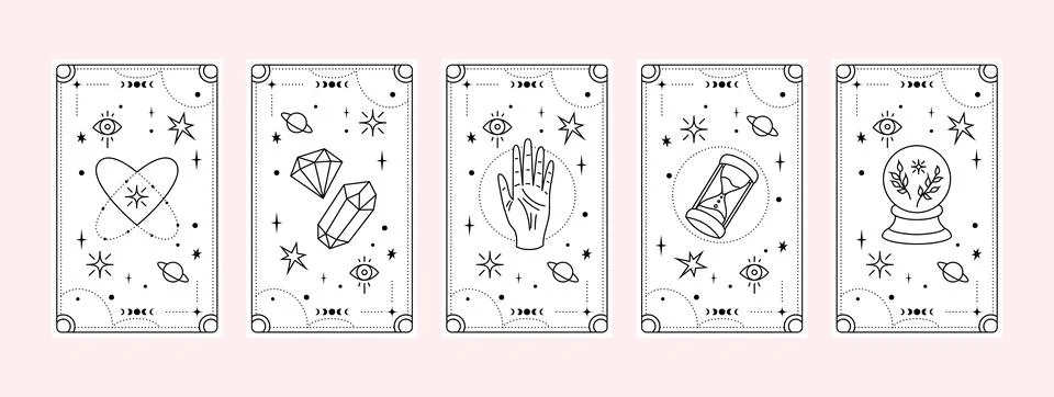 Tarot cards deck set. Esoteric elements collection on white. Magic icons Stock Illustration