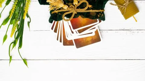 Tarot cards layout on witch table. Esoteric concept and astrology. Stock Photos