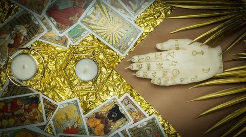 Tarot cards layout on witch table. Esoteric concept and astrology. Stock Photos