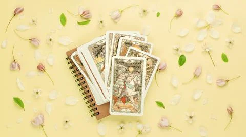 Tarot cards layout on witch table. Esoteric concept and astrology Knight of c Stock Photos