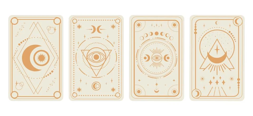 Tarot cards set on white background. Crescent, stars and magical eyes Illustrazione stock