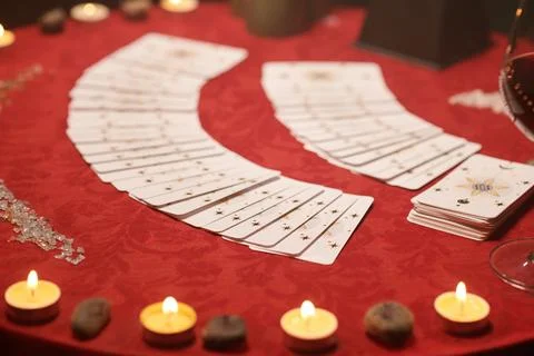 Tarot Cards Spread on Table Foto stock