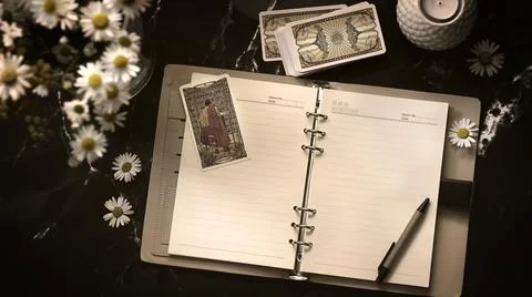 Tarot cards on the table, esoteric concept, fortune telling and predictions Stock Photos