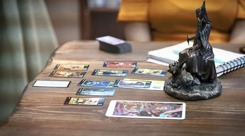 Tarot cards on the table, esoteric concept, fortune telling and predictions Stock Photos