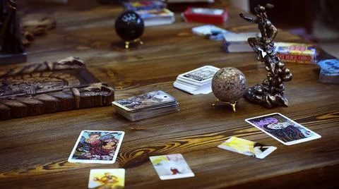Tarot cards on the table, esoteric concept, fortune telling and predictions Stock Photos