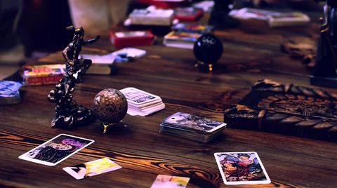 Tarot cards on the table, esoteric concept, fortune telling and predictions 스톡 사진