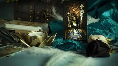 Tarot cards on the table, esoteric concept, fortune telling and predictions Stock Photos