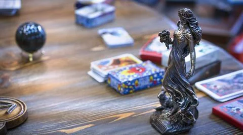 Tarot cards on the table, esoteric concept, fortune telling and predictions Stock Photos